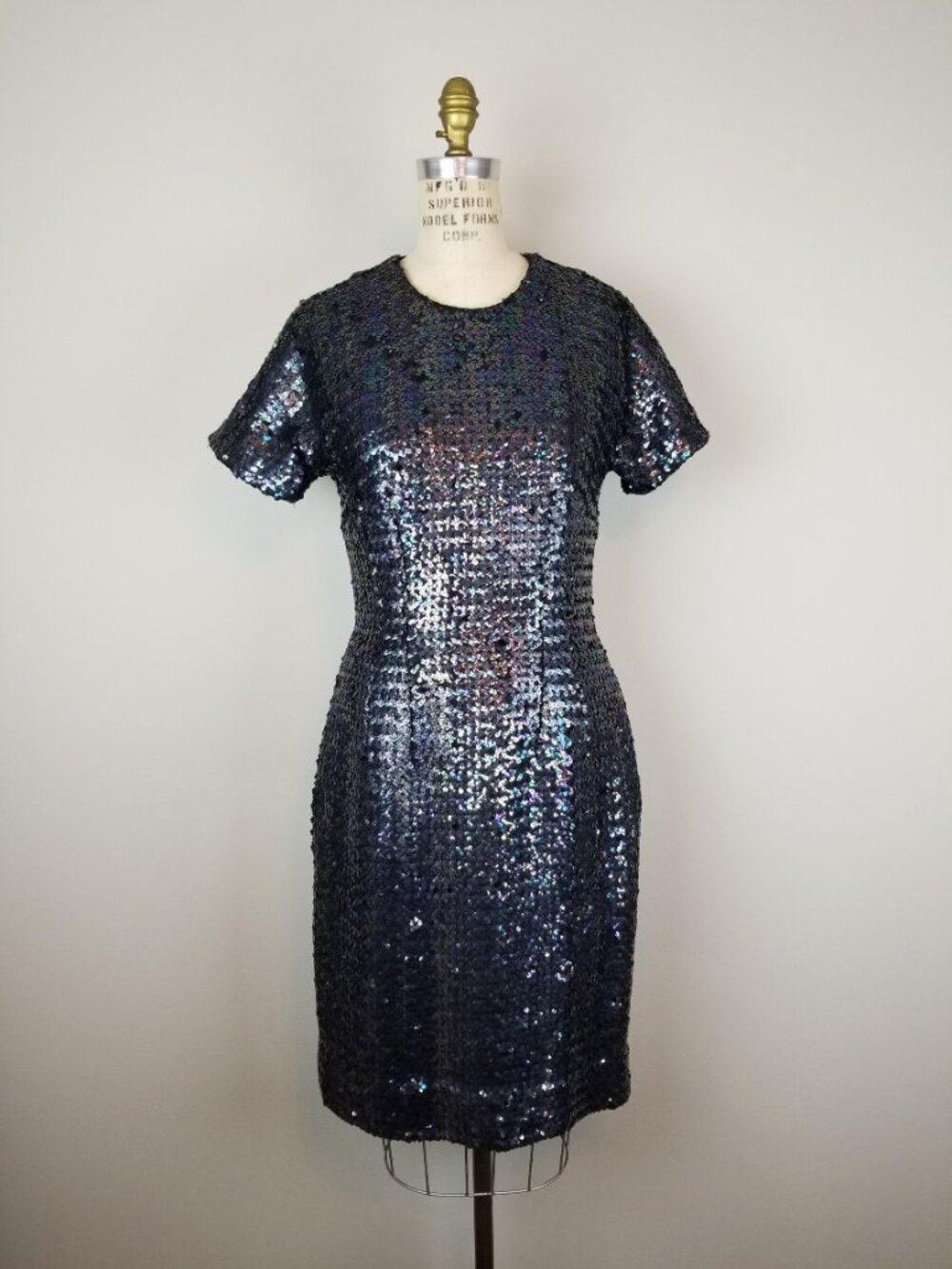 Vintage 1960's Black Iridescent Shimmery Sequin Cocktail Knit Wiggle Sheath Dres